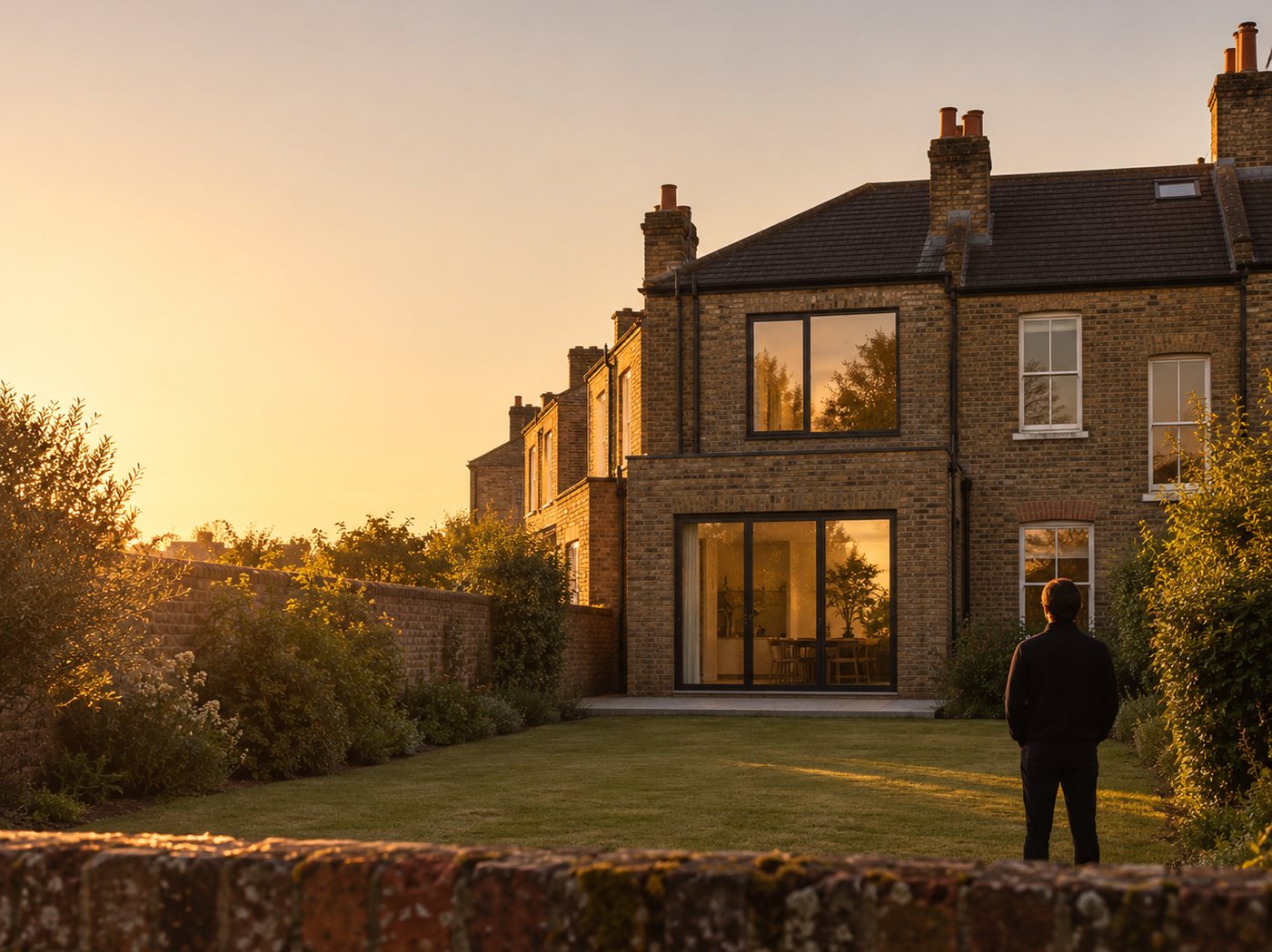 The rear elevation of a brick terraced house at golden hour, seen from the far end of the garden, with one person standing on the lawn looking up at the back wall.