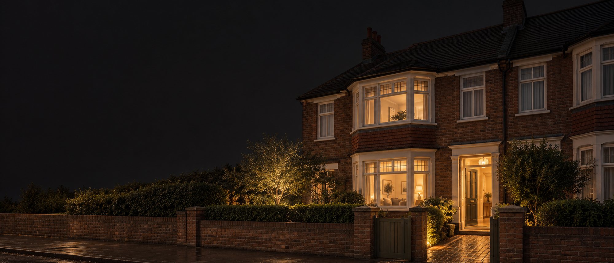 A 1930s brick terraced house in a West London street at dusk, light from the bay window and the open front door falling across the path and the wet pavement.