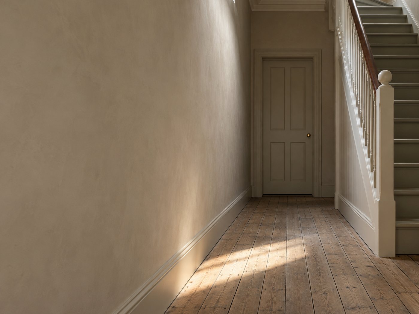 The bare hallway and staircase of an empty 1930s terraced house, sanded floorboards and plain plaster, daylight falling down the stairwell onto the boards.